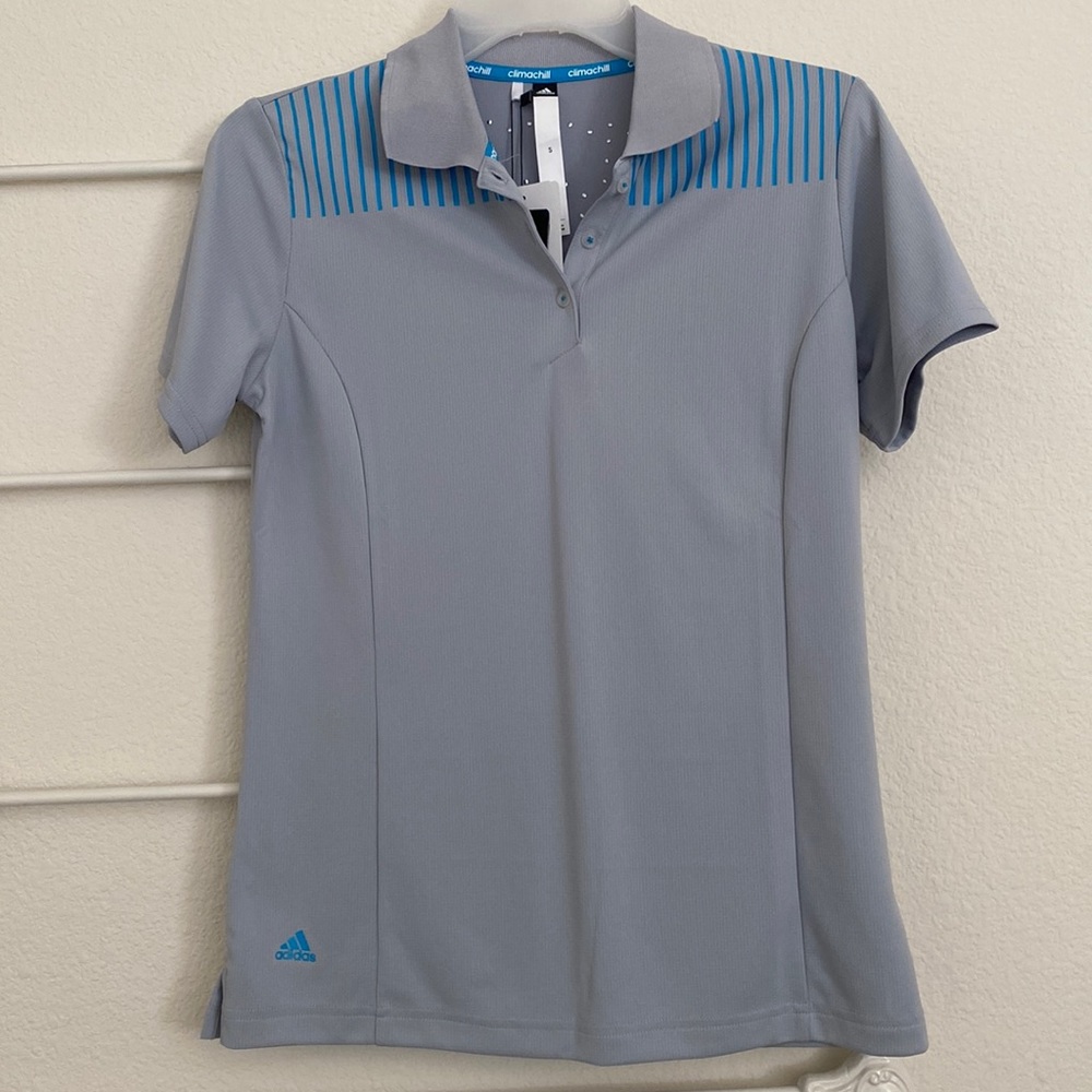 NWT Adidas ClimaLITE Shirt Top Gray & Turquoise Stripes SZ S